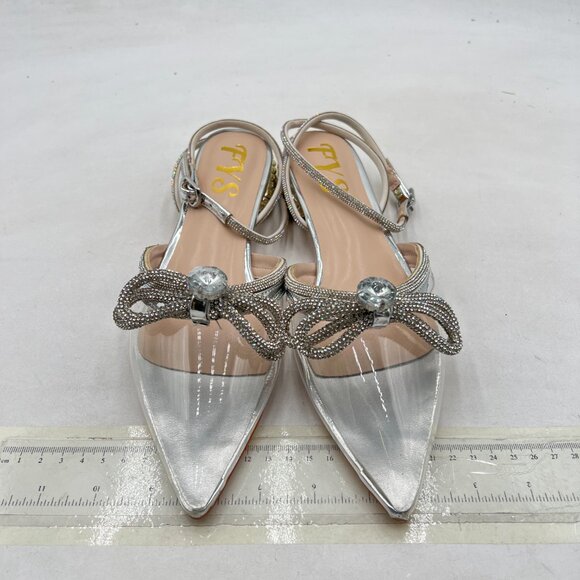 FYS Silver Pointed Toe Slingback Clear Block Low Heels Sparkly Rhinestone Sandal - Picture 3 of 8